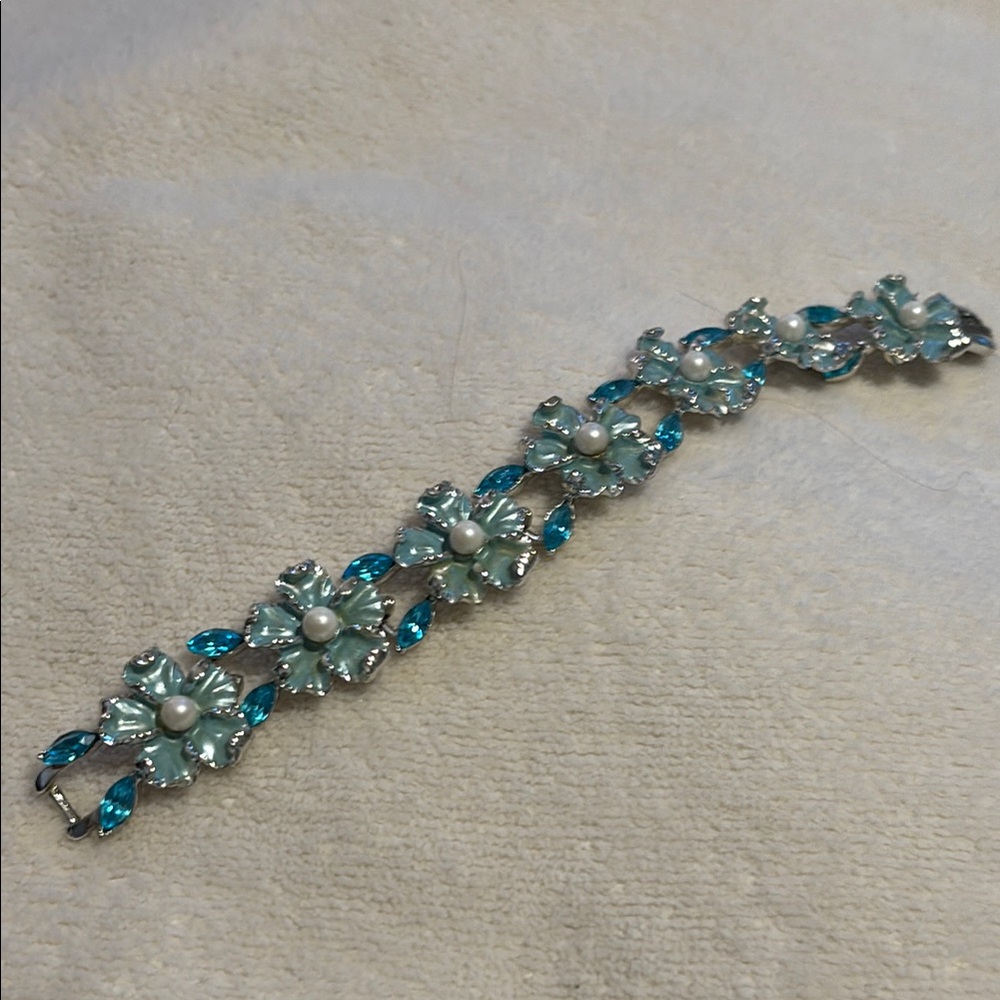 Silver Blue Floral Bracelet with Blue CZ and Pearl Accents